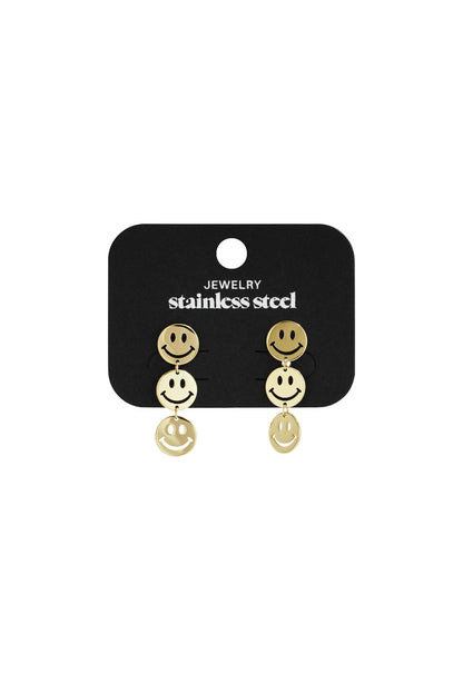 Gold-tone stainless steel dangle earrings featuring three stacked smiley face charms on each.