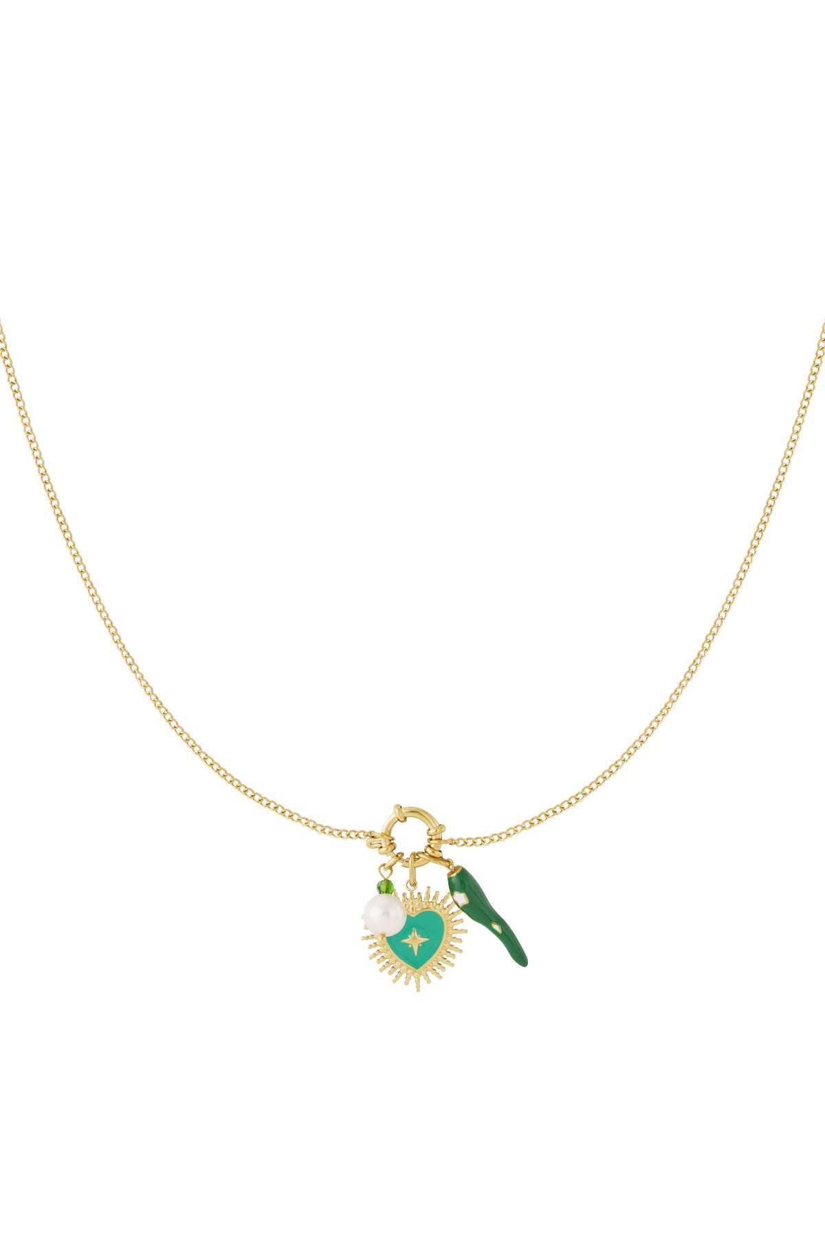Gold chain necklace with three charms: green heart with star design, pearl with green bead, and green chili pepper, displayed on white background