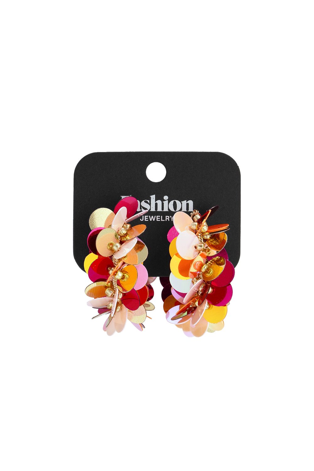Disco Glaze Party Hoops: Colorful, layered circular sequin dangle earrings in vibrant pink, orange, and metallic gold.