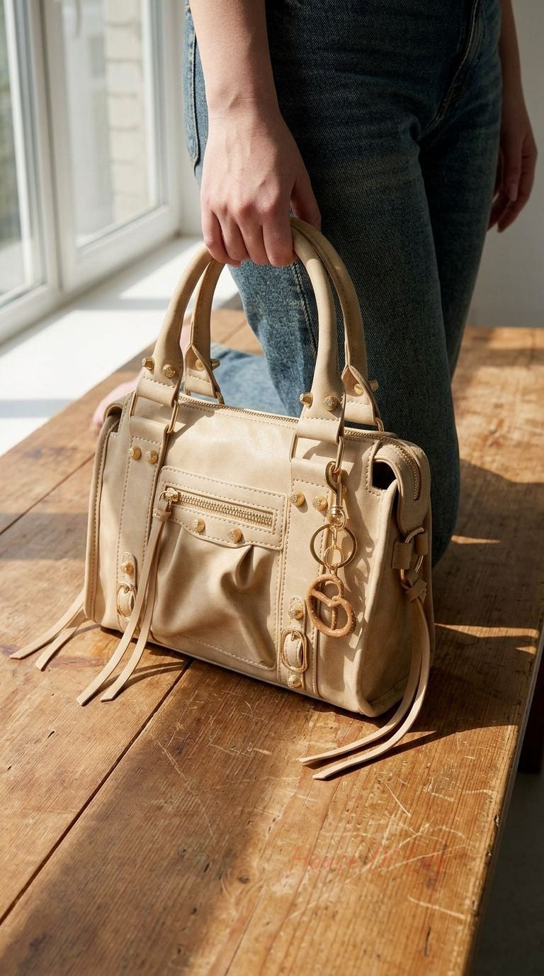 Full-body view of small pretzel bag charm attached to casual handbag on wooden surface, illuminated by natural midday light.