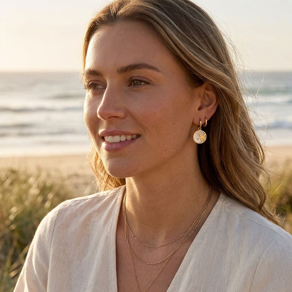 Model wearing subtle starfish glow hoops against a breezy beach backdrop during golden hour, highlighting the earrings' minimal design and seaside style.