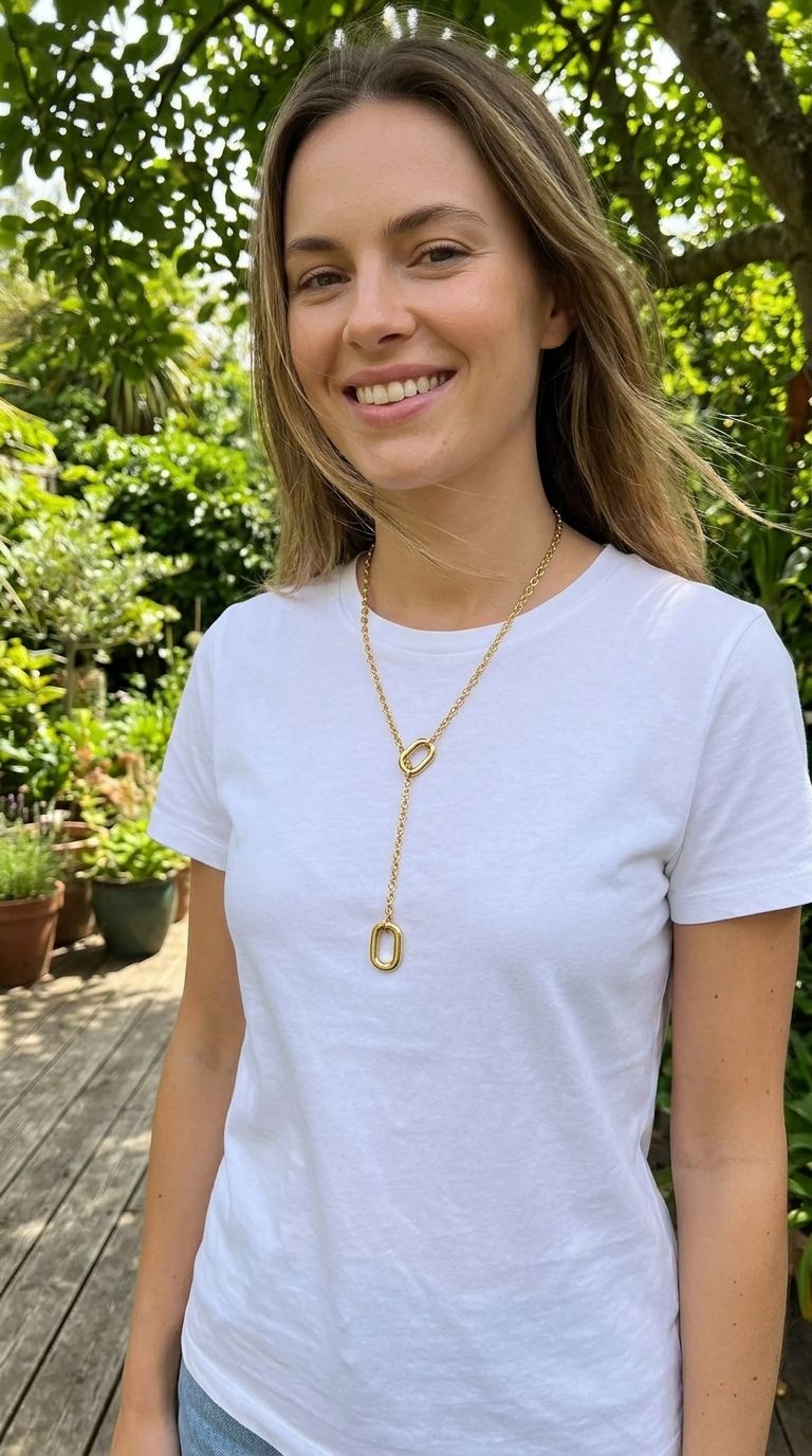 Model wearing the Golden Y Vibe necklace with a white tee outdoors, emphasizing its length, movement, and stylish design in natural daylight.