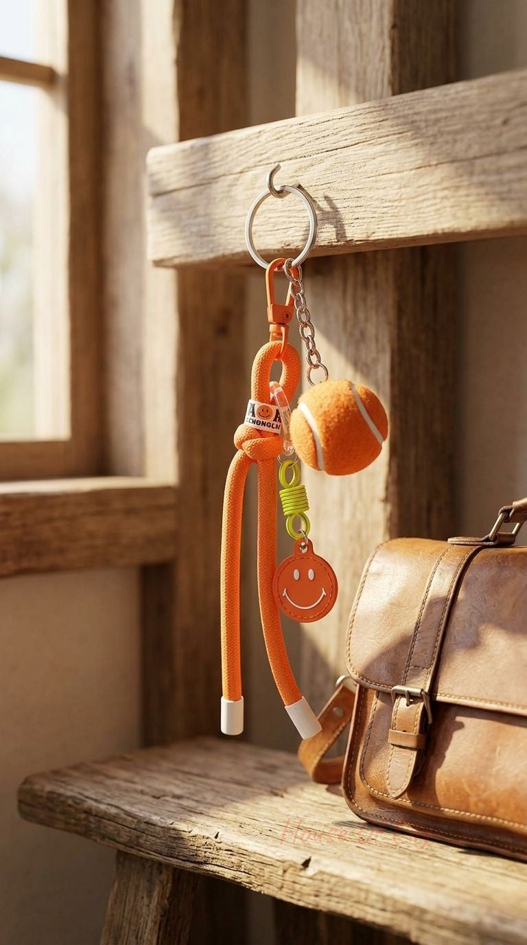 Fuzzy felt tennis ball keychain with braid strands silver keyring and smiley face tag on neutral background.