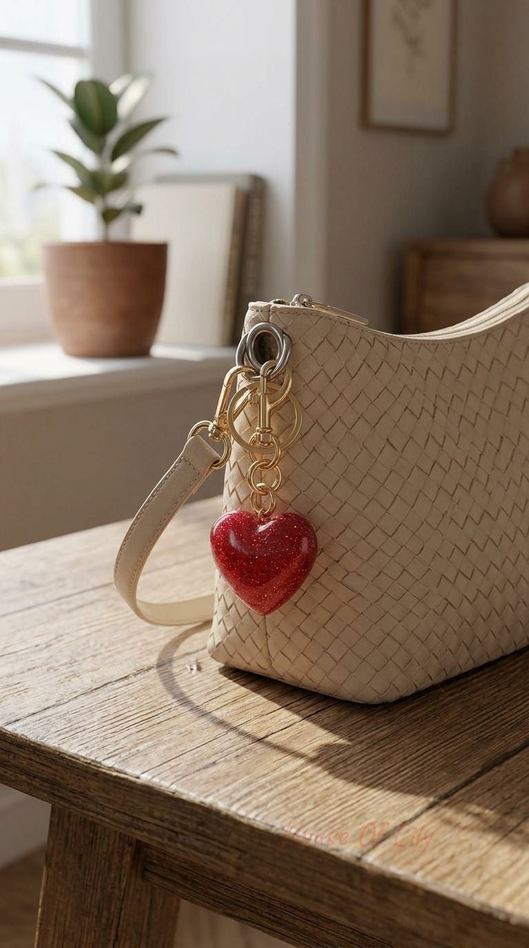 Small deep red glitter heart bag charm attached to a stylish handbag on a rustic wooden table, illuminated by natural daylight highlighting its sparkle.