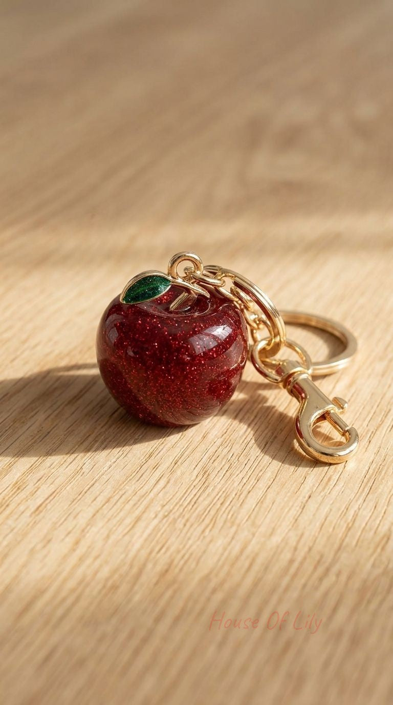 Red enamel apple bag charm with glitter accents and green leaf, attached to a leather strap with a gold clasp.