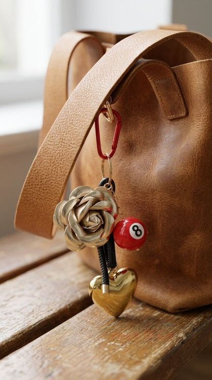 Close-up of Gold Rose Bag Charm hanging from leather strap, featuring gold heart, red 8-ball bead, and metallic gold rose pendant.
