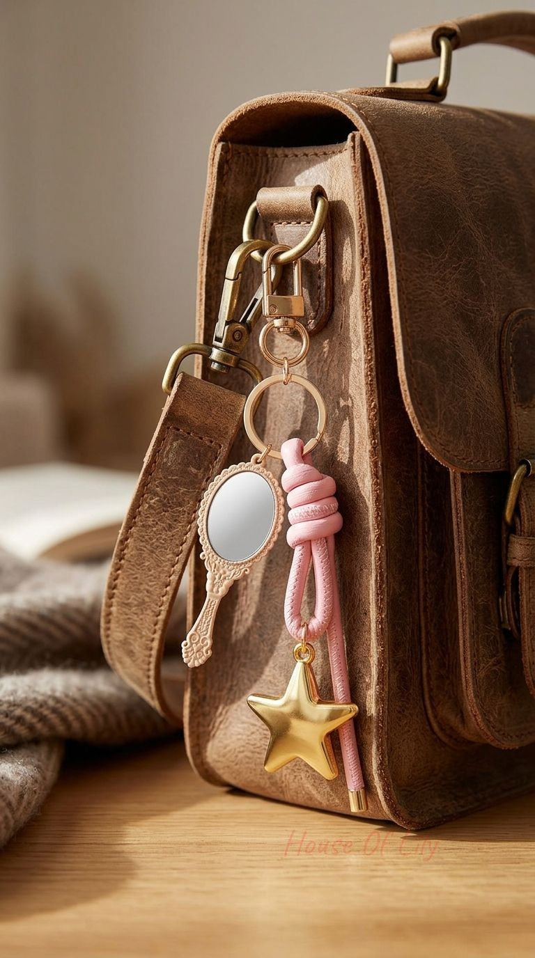 Gold star and vintage mirror bag charm hanging from a rustic wooden table, showcasing its delicate design and materials.