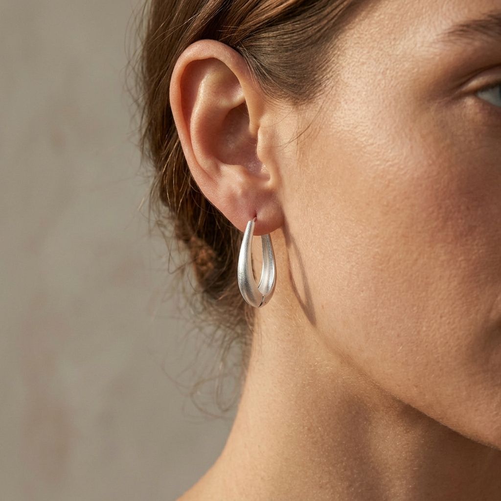 Close-up of Golden Hour Curves irregular hoop earrings on a minimalist ear model in natural warm light, highlighting their organic shape and metallic shine.