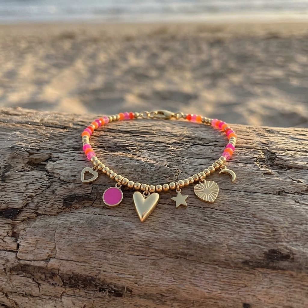 Close-up of the delicate 'Golden Hour Glow' beaded bracelet on driftwood, highlighting its tiny stainless steel beads and intricate details.