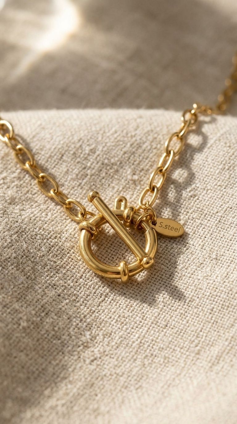 Close-up of the Golden Hour Toggle necklace with gold plating and toggle clasp on textured fabric.