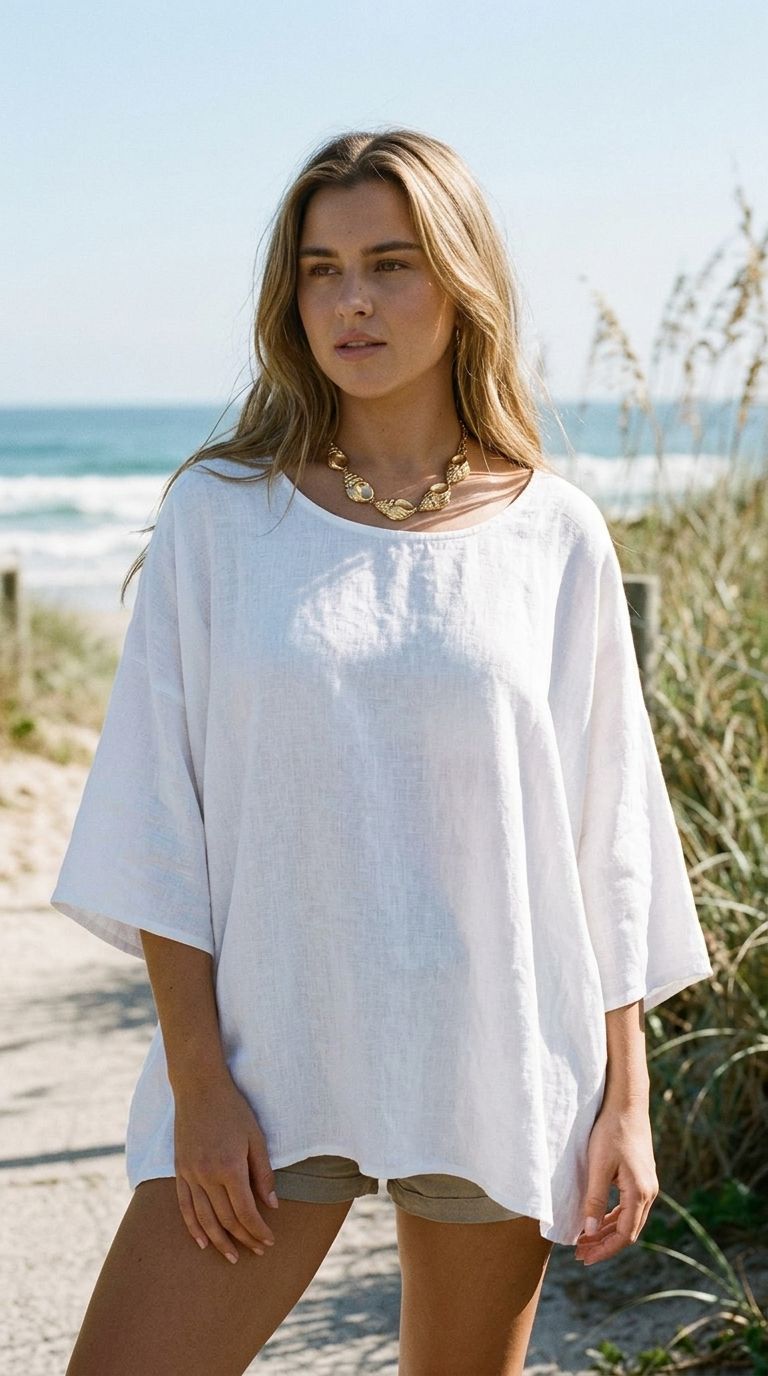 Full-body shot of a woman wearing the Golden Siren Energy necklace outdoors on a sunny day, with a boho beach outfit and coastal background.