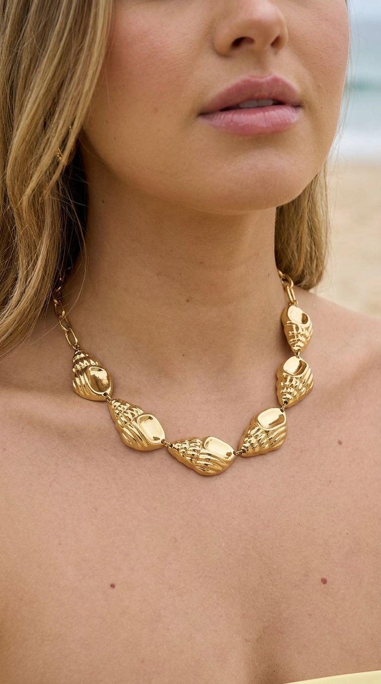Close-up of the Golden Siren Energy shell-shaped gold-plated necklace on a model, highlighting its delicate links and ocean-inspired design.