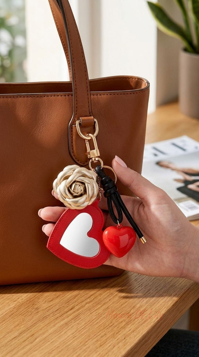 Heart & Rose keychain with glossy acrylic heart, gold rose pendant, black strap, hanging against a textured wood background.