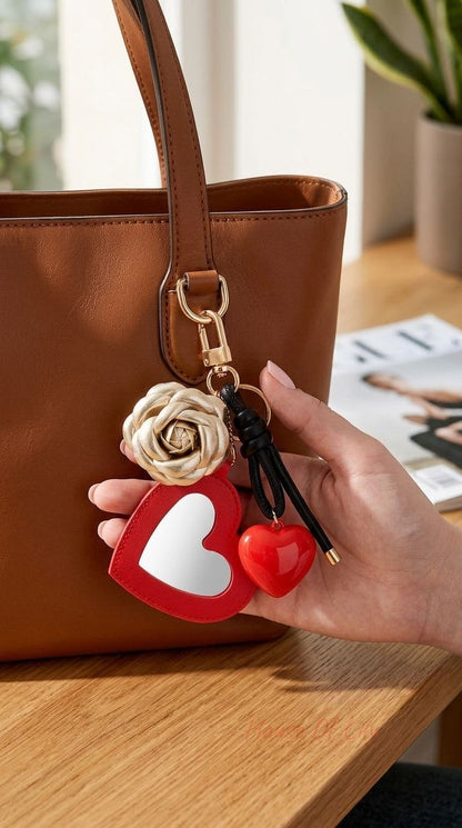 Heart & Rose keychain with glossy acrylic heart, gold rose pendant, black strap, hanging against a textured wood background.