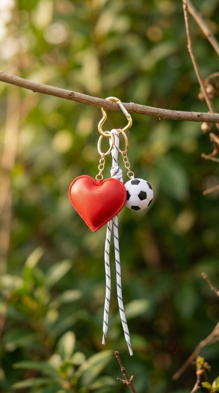 Close-up of the Heart & Soccer Bag Charm hanging on a wood branch, showing the red faux leather heart and mini soccer ball on striped shoelace.