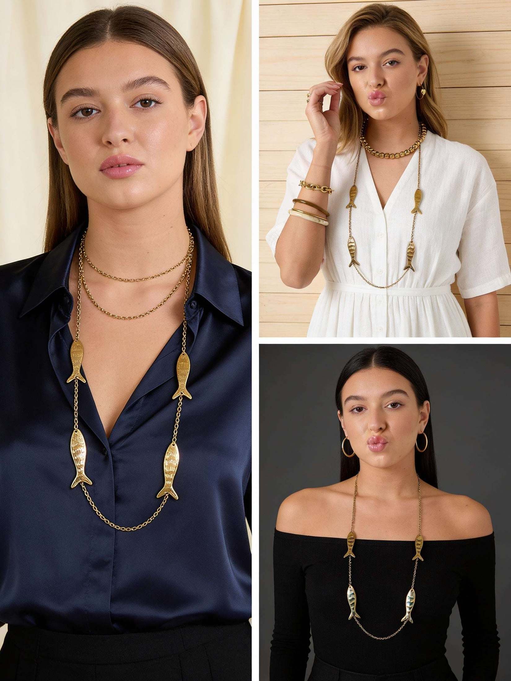Catch Of The Day: Gold-tone long chain necklace featuring four textured fish charms in a whimsical, layered style.