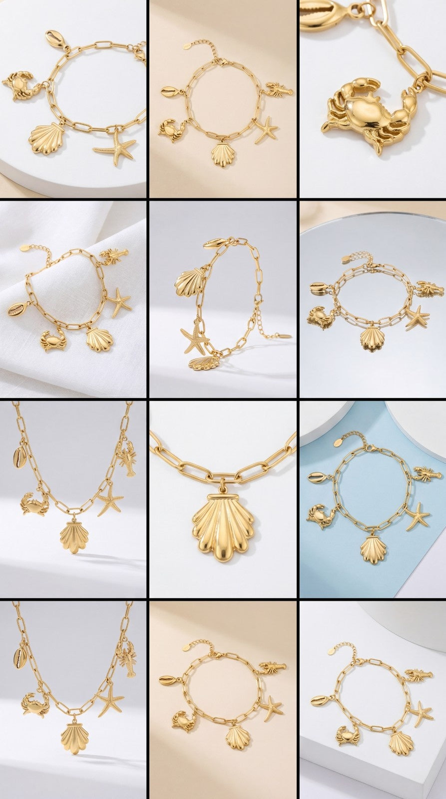 Seaside Charm Bracelet: Gold chain link bracelet featuring hanging charms of a crab, starfish, seashell, and lobster.