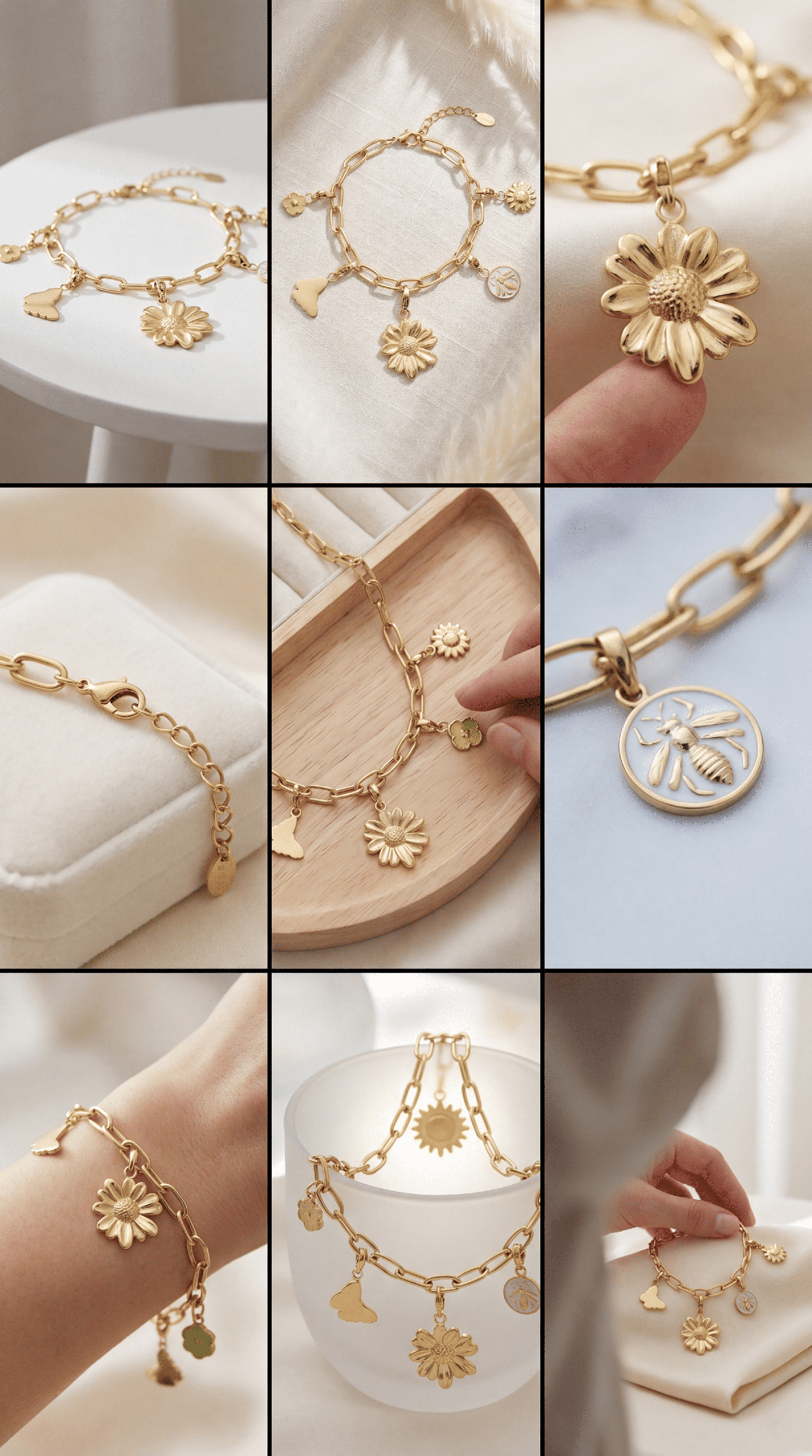 Gold-tone Elegant Floral Link Bracelet featuring dainty daisy, bee, and butterfly charms on a polished chain.