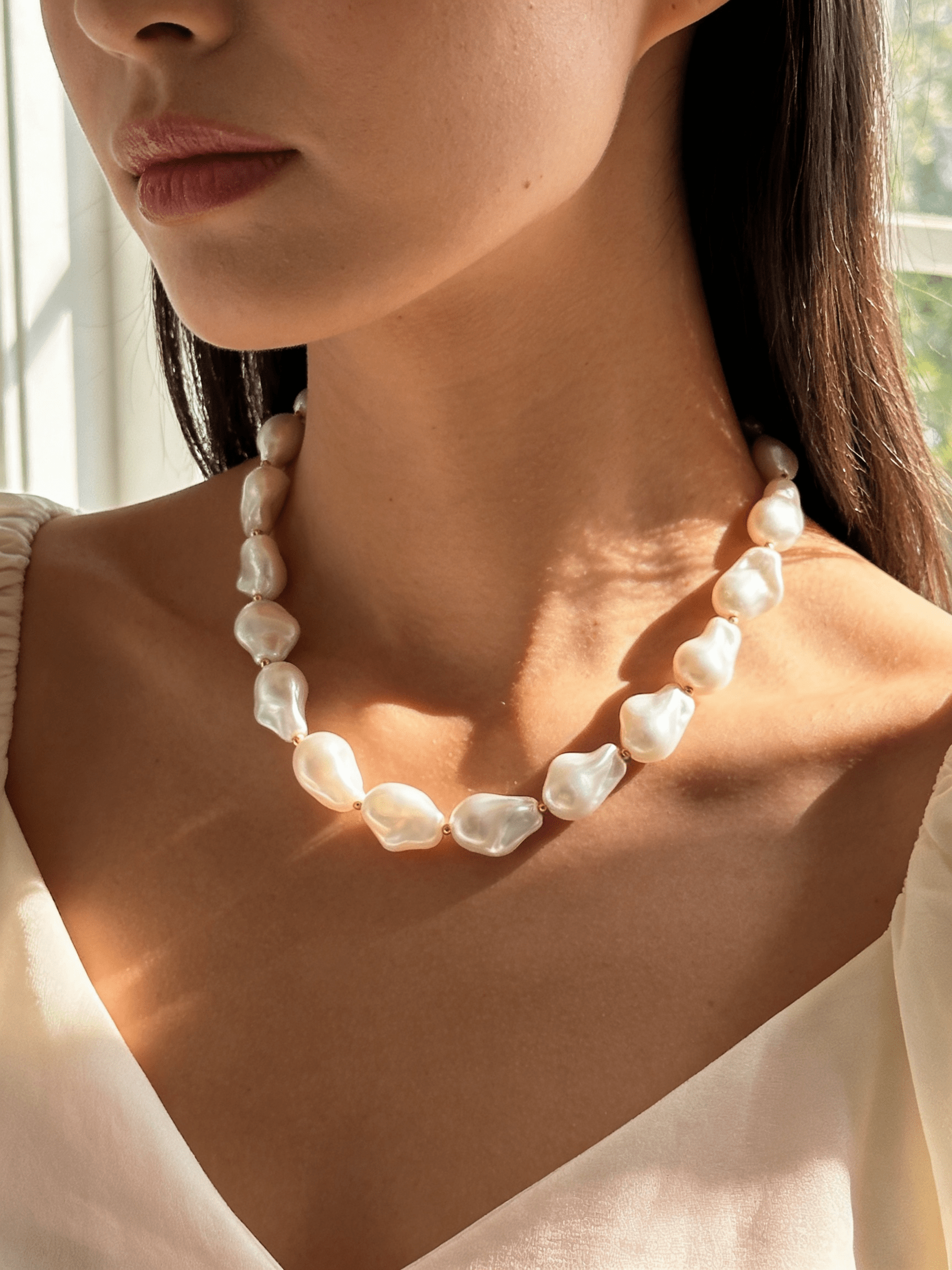 A model wearing a choker-length necklace of large, irregularly shaped white baroque imitation pearls.