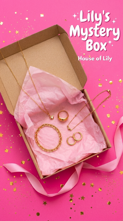 House of Lily mystery box containing gold-tone jewelry: a chain necklace, chain bracelet, dome ring, and hoop earrings.