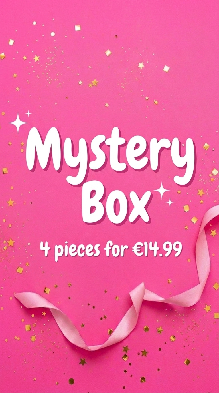 House of Lily Mystery Box advertisement on bright pink background with gold confetti, stars, and a pink ribbon.