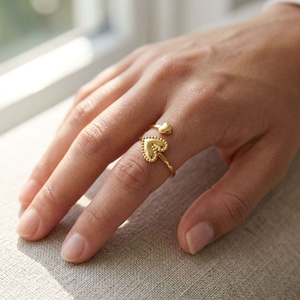 Close-up of the Iconic Adjustable Stacker ring on a slender finger, showing its sleek stainless steel design with soft natural sunlight.