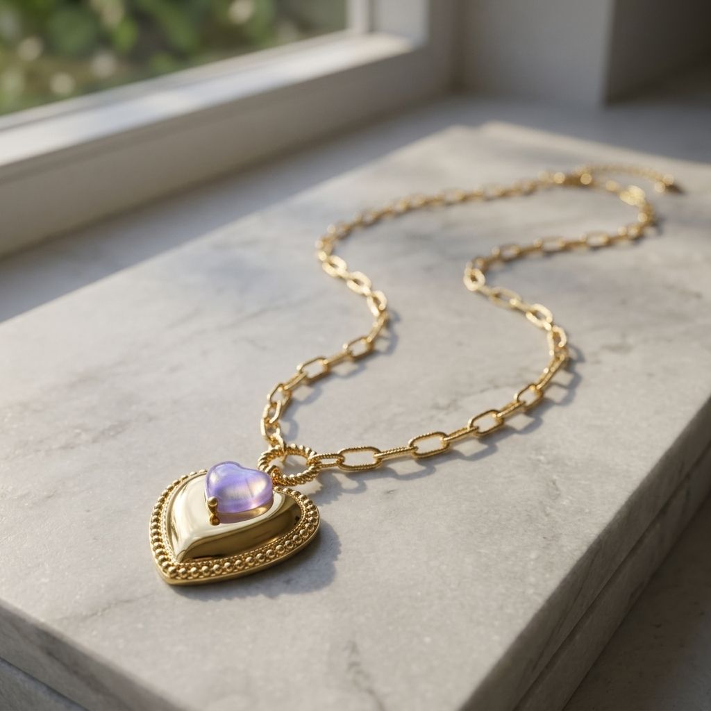 Close-up of the Iconic Heart Vibe necklace with crystal accents on a matte marble surface, highlighting its sparkle and delicate design.