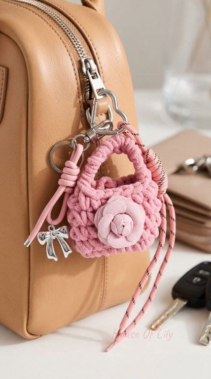 Miniature pink knit flower bag charm with silver bow hanging from a leather bag zipper, showcasing its cozy texture and delicate details.