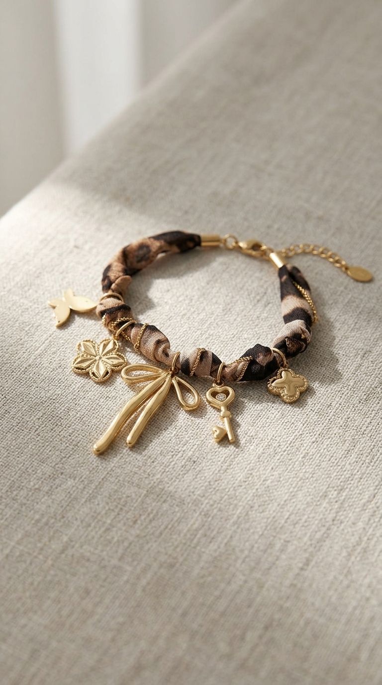 Close-up of leopard charm bracelet with fabric band and gold charms on neutral textured surface