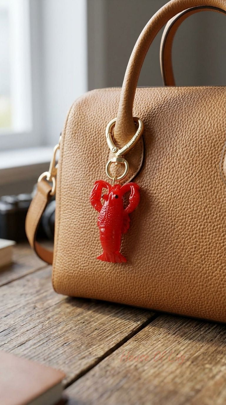 Red lobster keychain clipped onto a stylish leather handbag on a rustic wooden surface in natural daylight.