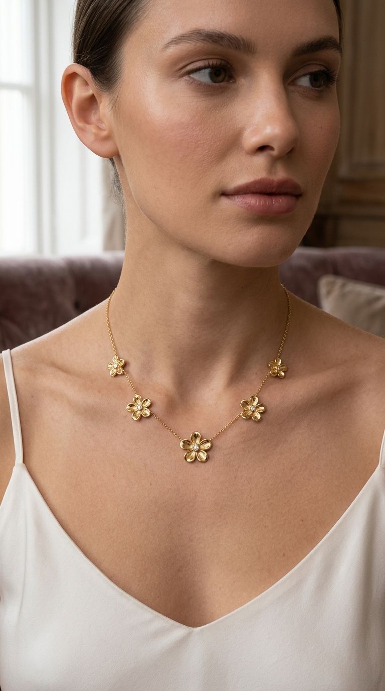 Model styled for elegant occasion wearing the Floral Glaze Core necklace with floral pendant resting below the collarbone in a soft indoor setting.
