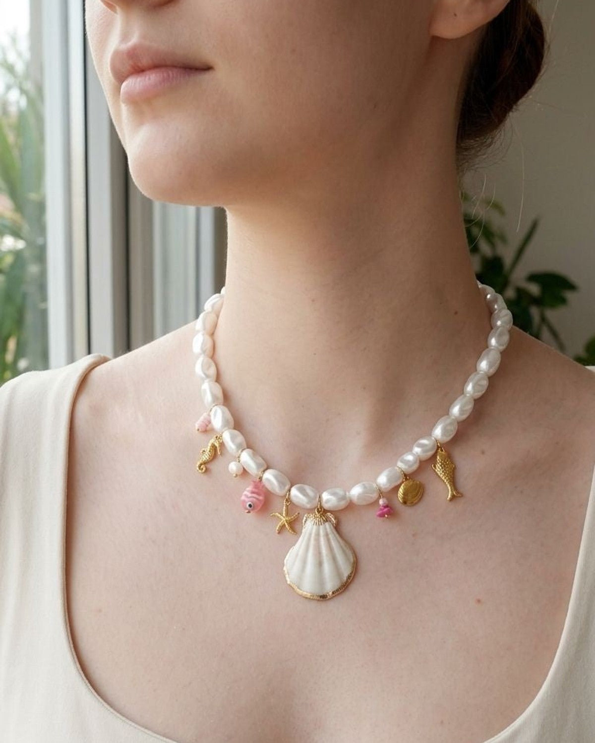Delicate Nautical Pearl Shell Necklace with gold-tone shell charm displayed on silk fabric, featuring imitation pearls and stainless steel chain.