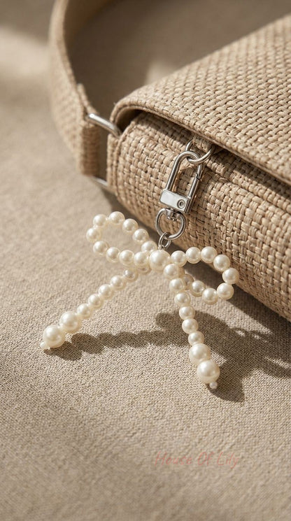 Pearl bow bag charm made of faux pearls with a metal clasp, designed as a delicate bow for bags and backpacks.