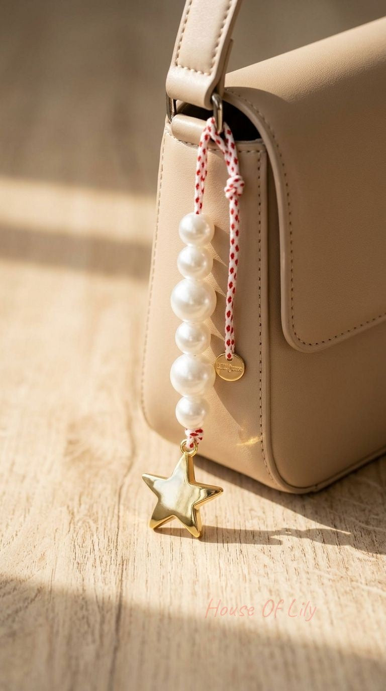 Close-up of Pearl Star Bag Charm with glossy white pearls and gold star pendant hanging on a beige leather bag.