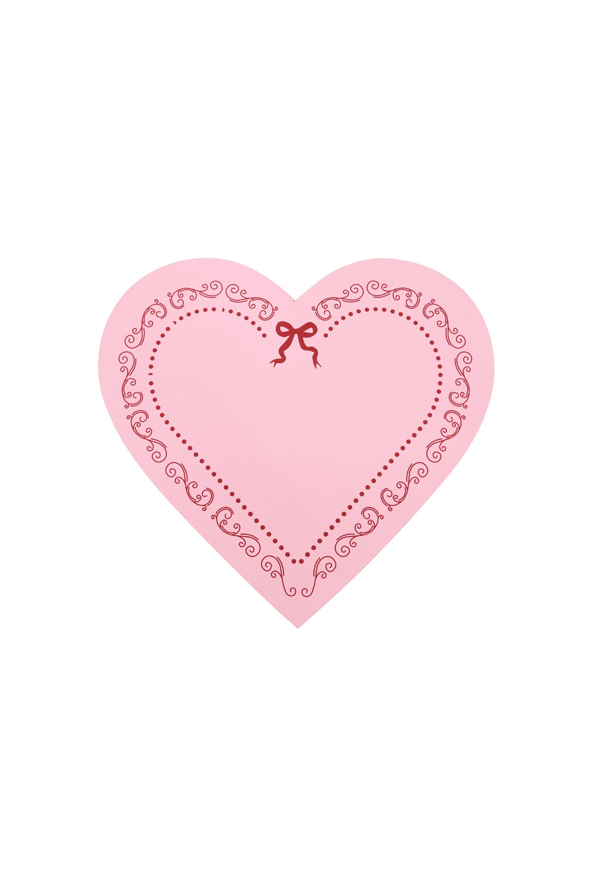 Pink heart-shaped lid featuring decorative red scrolls and a ribbon bow design