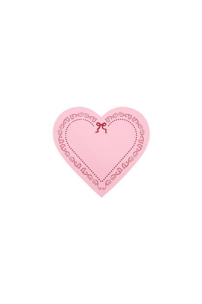 Pink heart-shaped lid featuring delicate red decorative border and bow design