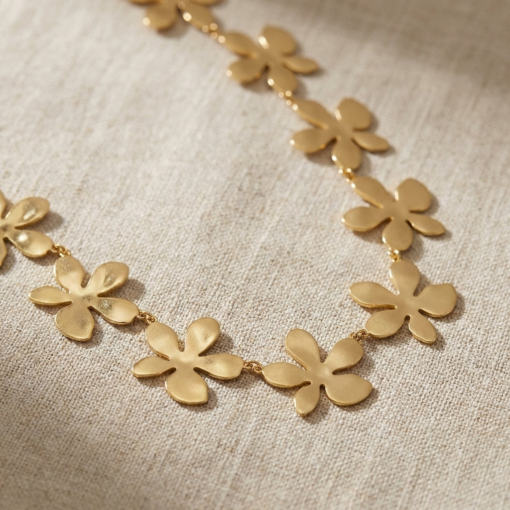 Detailed close-up of a gold flower necklace with micro-texture, draped on beige fabric, showcasing delicate craftsmanship and subtle shine.