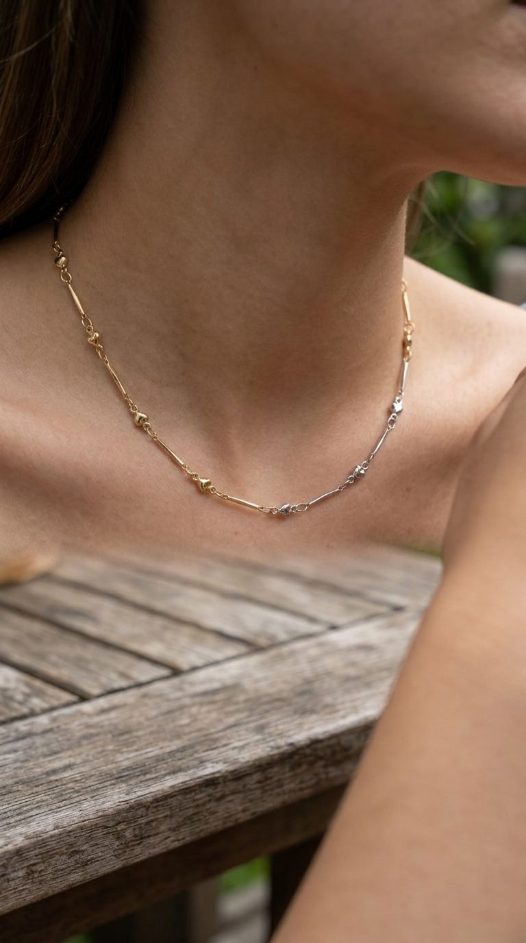 Close-up of the polished love link necklace on a model's neck, outdoors on a rustic wooden table with greenery blur, emphasizing its delicate links.