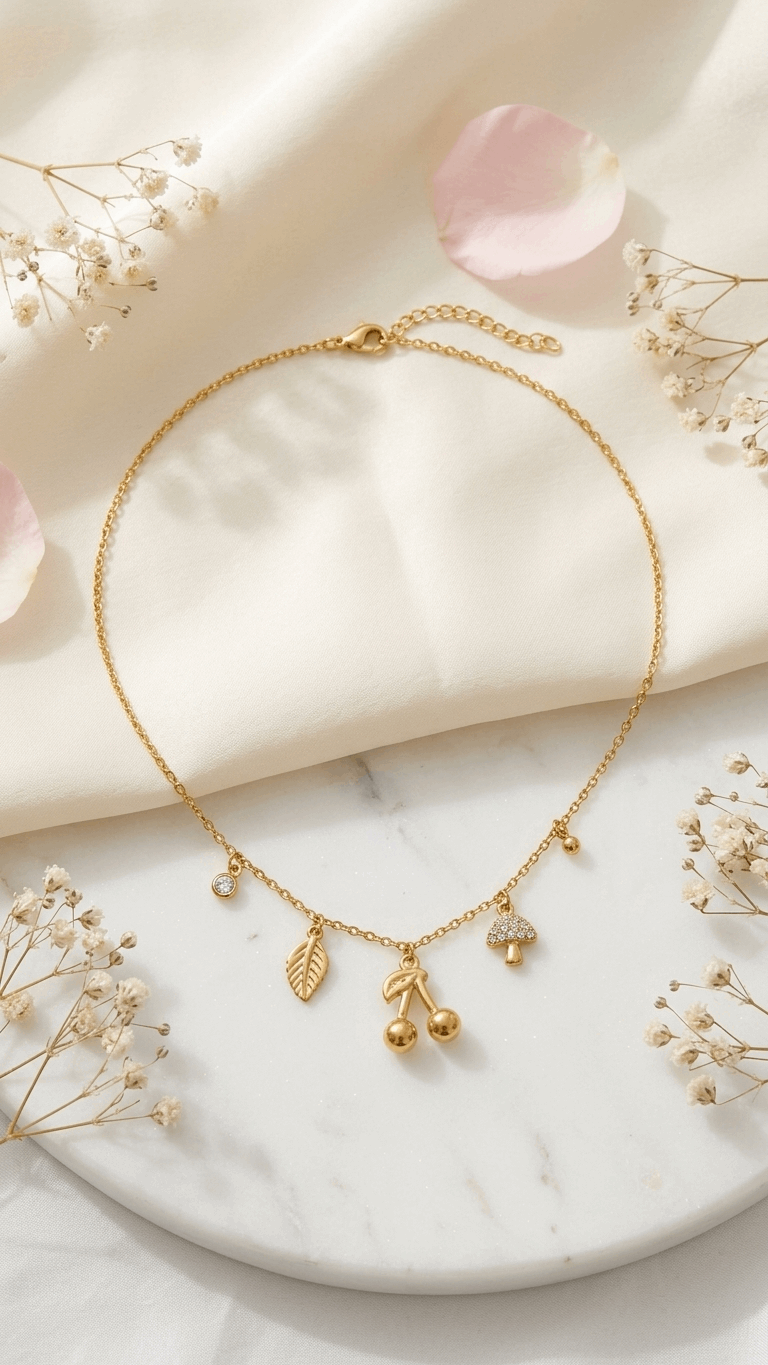 Gold chain necklace featuring a crystal charm, leaf, pair of cherries, and a rhinestone-encrusted mushroom charm.