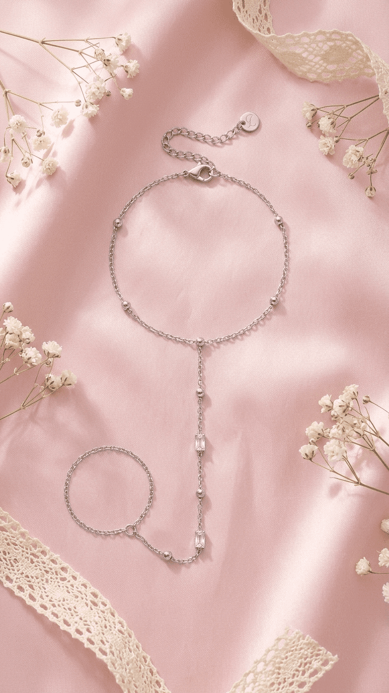 Hand chain with beads and rectangular stones