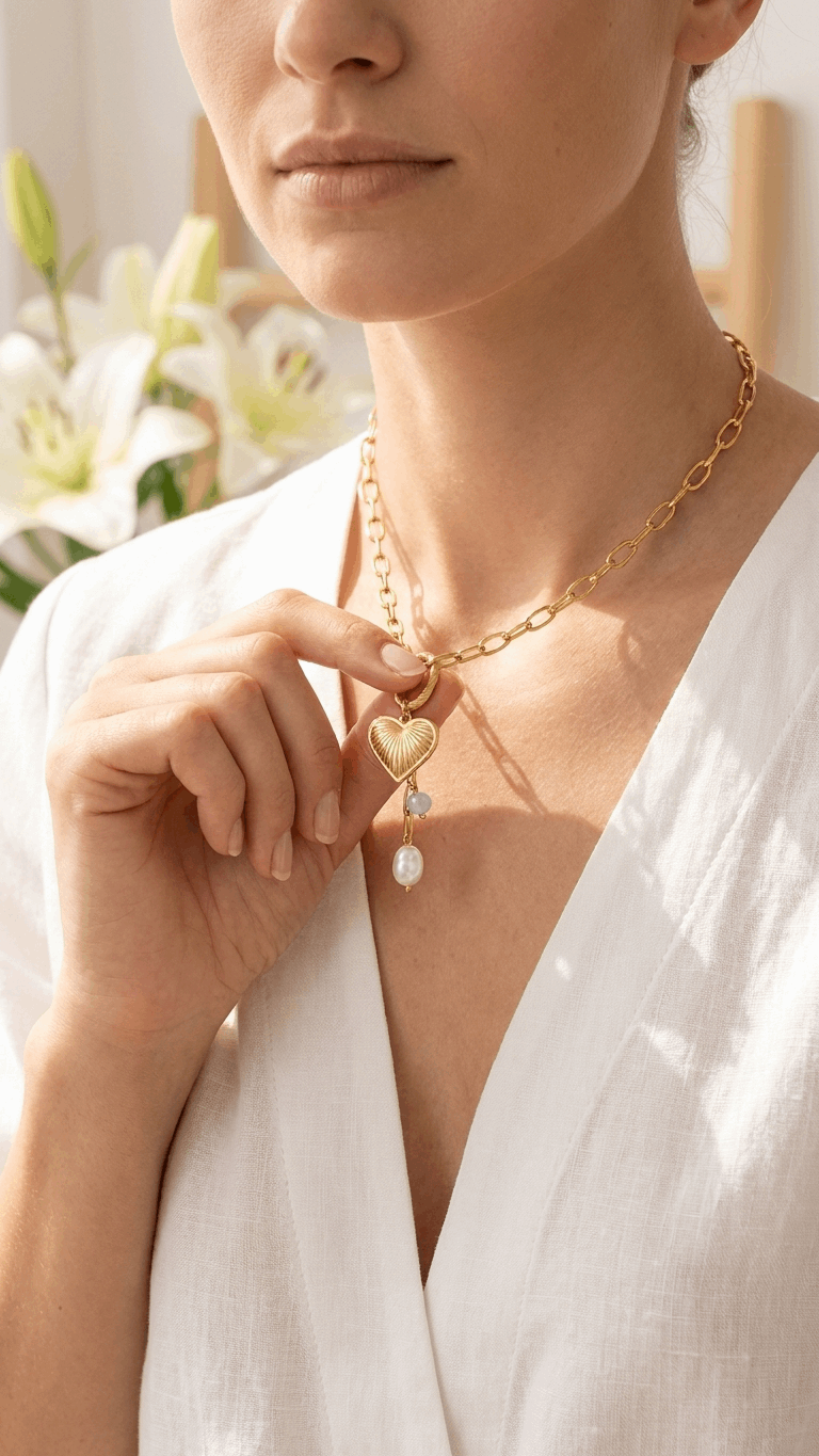 Gold chain necklace with a ribbed heart pendant, small blue bead, and a white pearl charm worn by a woman.