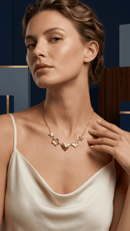 Gold charm necklace featuring star, flower, heart, and butterfly charms worn by a woman in a cream silk top.