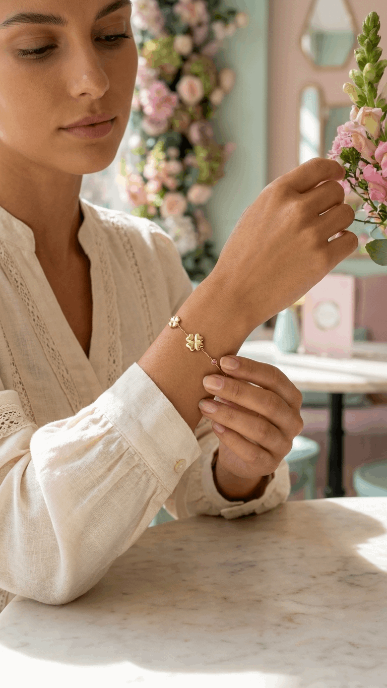 Lucky Clover Charm Bracelet in gold, featuring delicate clover charms and a tiny pink accent on a thin chain.