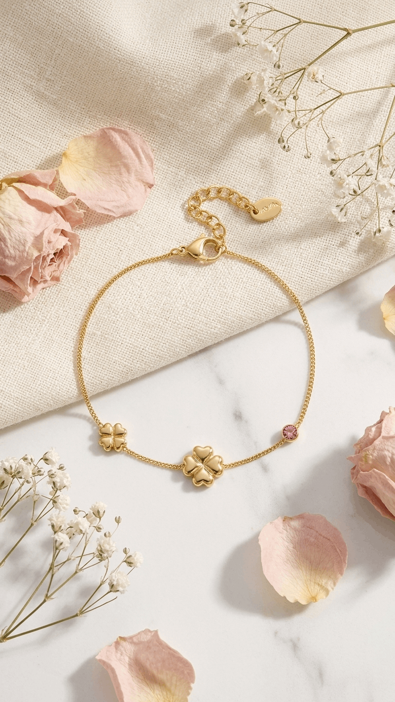 Gold chain Lucky Clover Charm Bracelet featuring two clover charms and a small pink crystal stone.