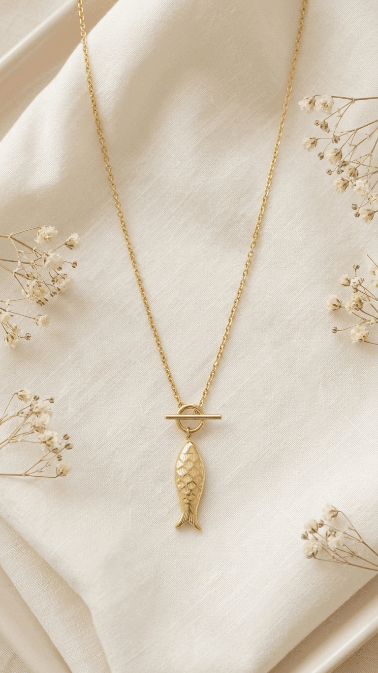 Gold Catching Vibes necklace with a detailed fish pendant on a delicate chain with a toggle clasp on a white cloth.