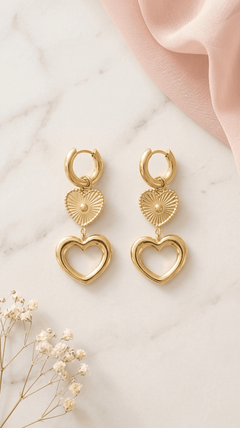 Golden Heartcore Dangle earrings featuring gold hoops with a textured sunburst heart charm and open heart drop.