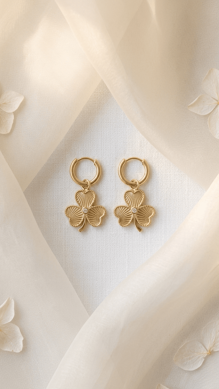 Lucky Girl Core gold hoop earrings featuring textured clover charms with a central crystal accent on fabric background.