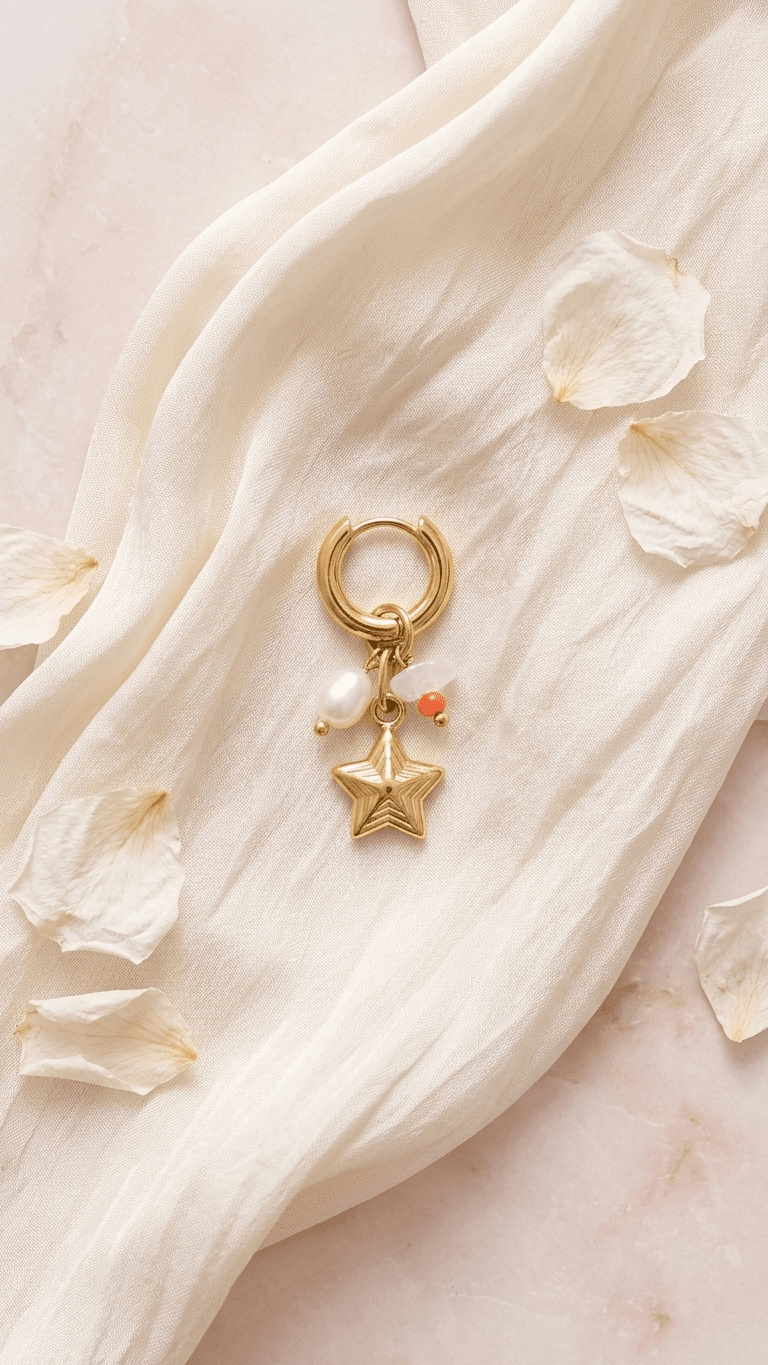 Gold click hoop earring with a star charm, white pearl, and small orange bead on a soft white fabric with petals.