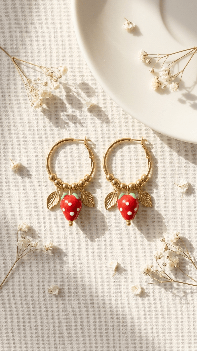 Gold hoop earrings with dangling red strawberry charms, leaf accents, and beads on a textured white background.