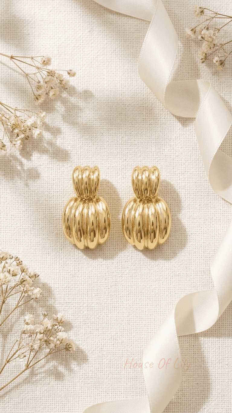 Chunky Vibe gold-plated ribbed dome hoop earrings on textured cream fabric with white silk ribbon and dried flowers.